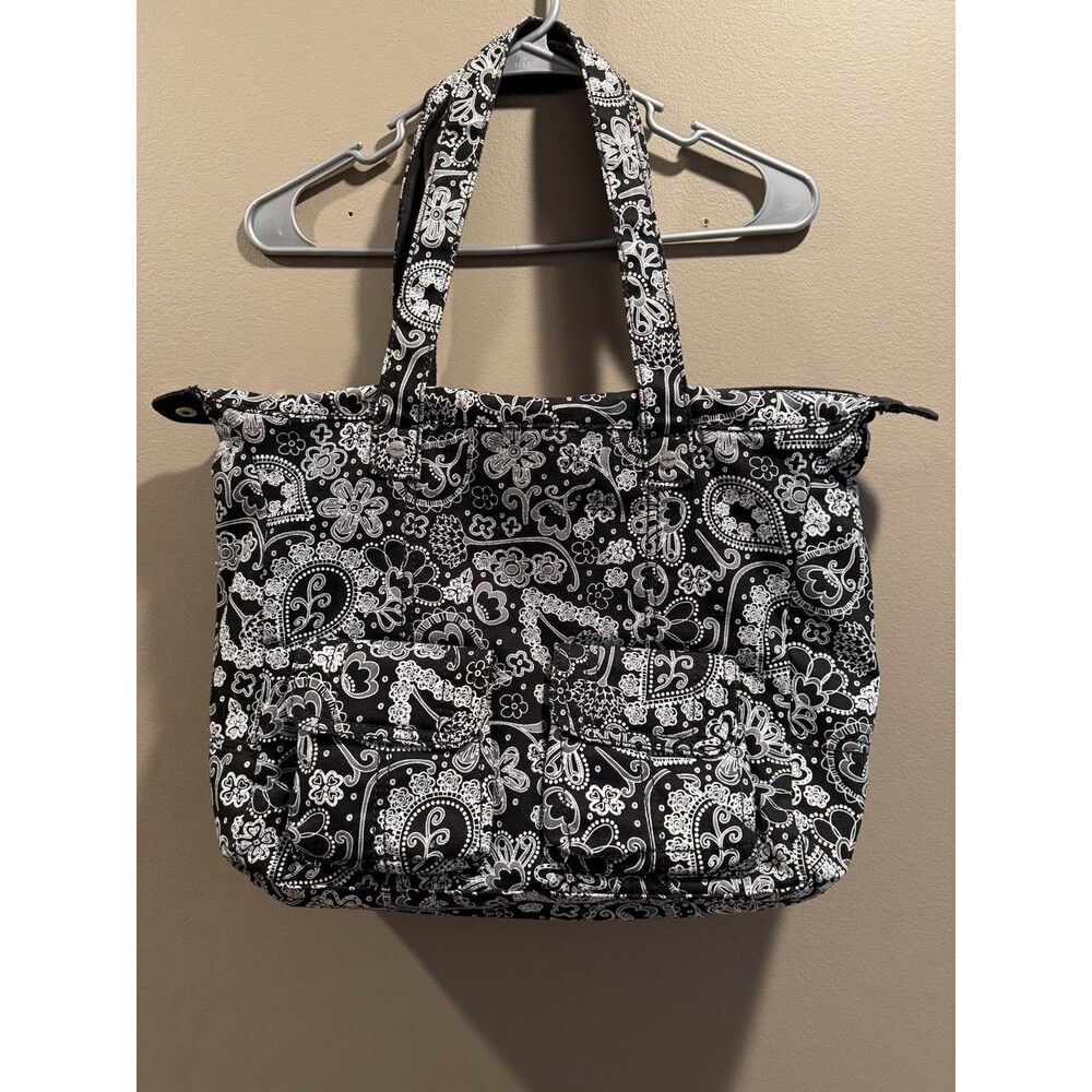 Thirty One Womens Black White Floral Paisley Purse Shoulder Bag Long Straps